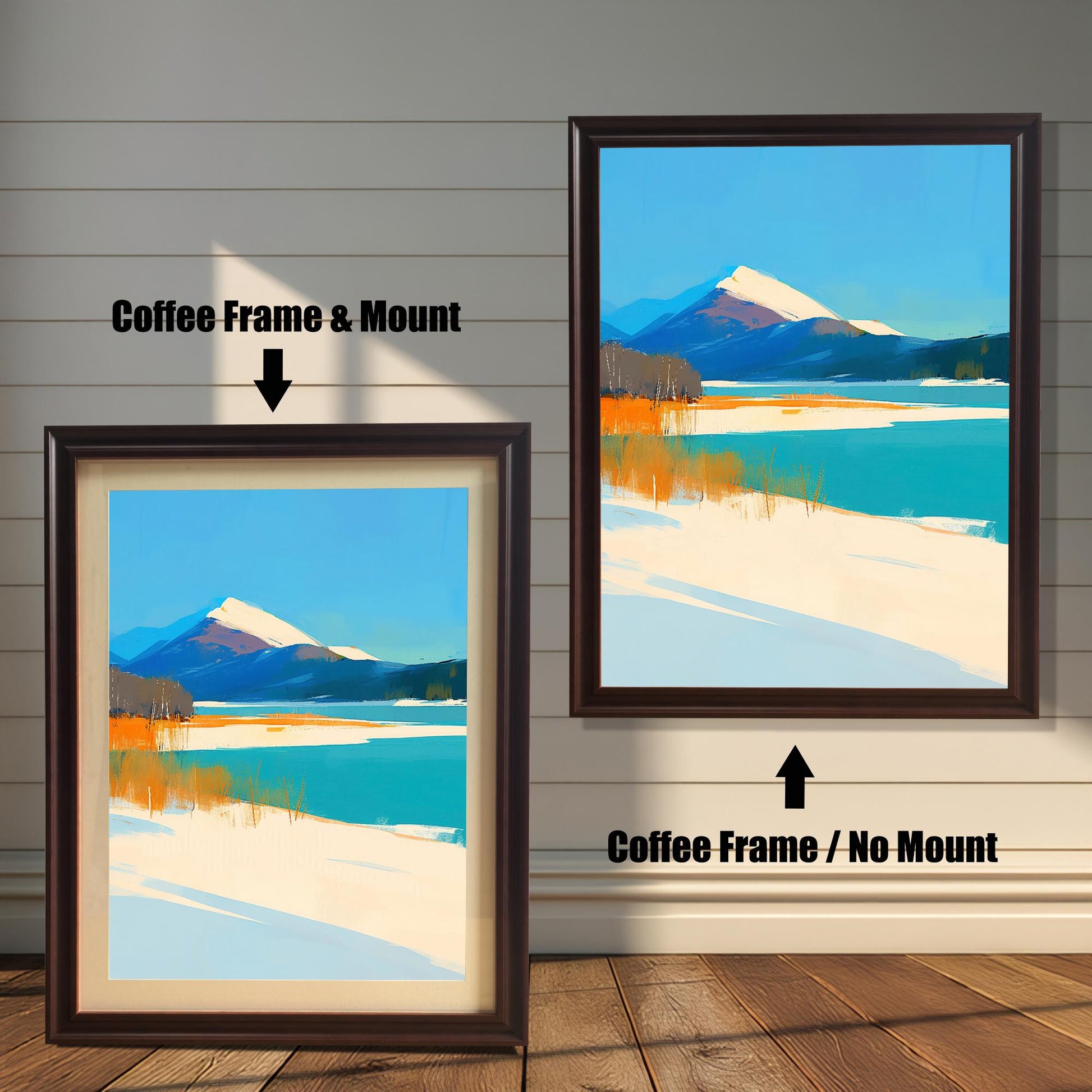 Two side-by-side examples of the art print in "Coffee" (dark brown) wood frames. The left frame includes an off-white mat (mount), and the right frame shows the art full-bleed with no mount.