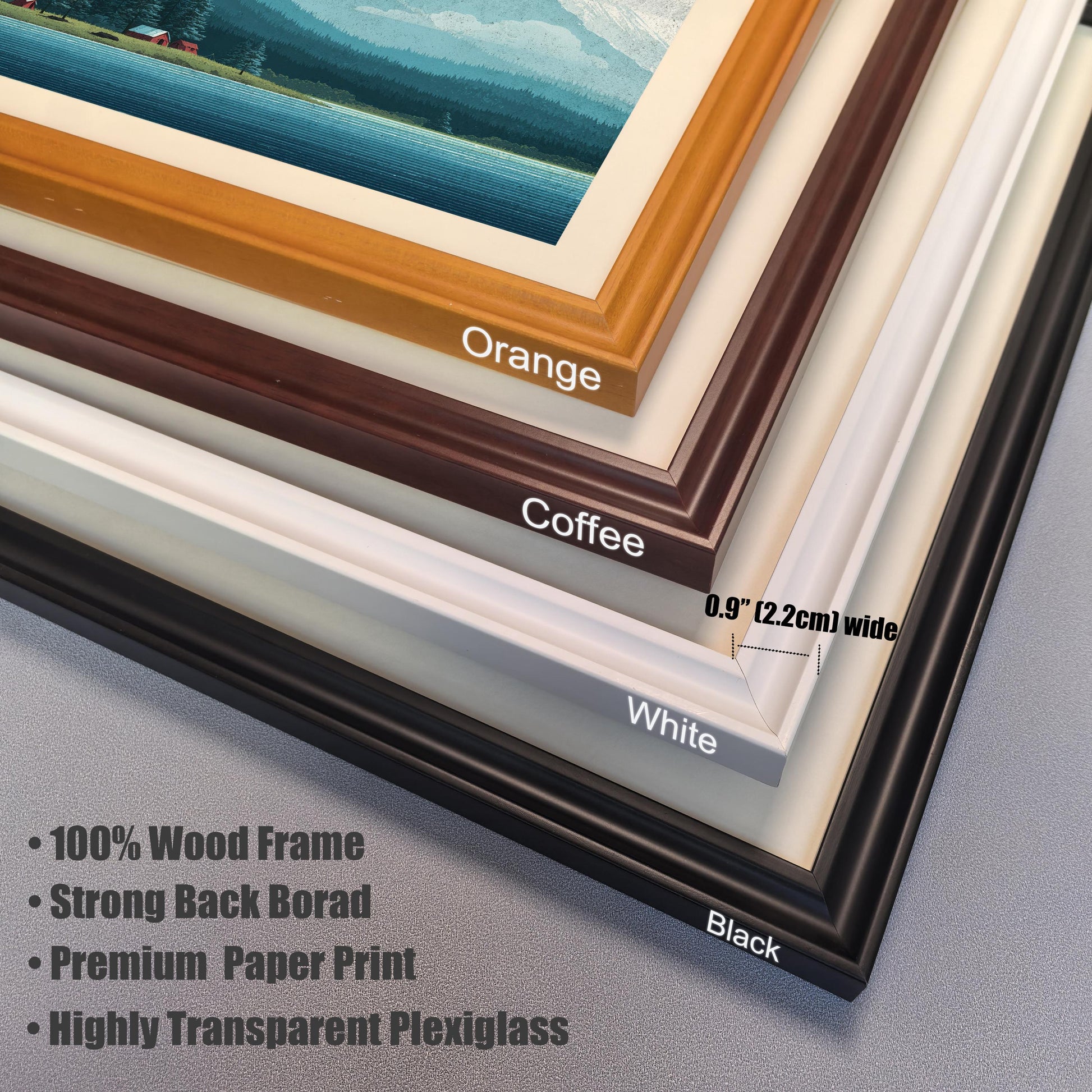 Close-up detail of frame corners in Orange, Coffee, White, and Black, highlighting the  width and  wood construction.