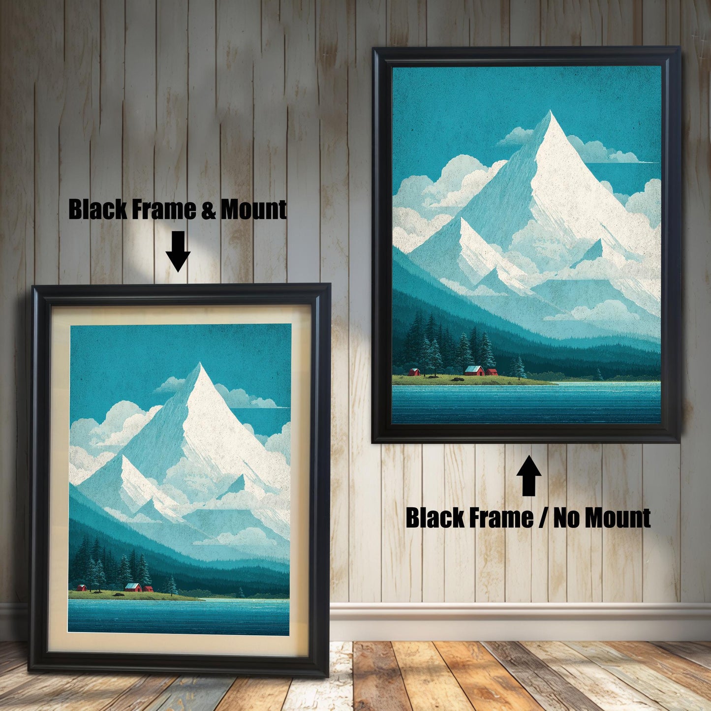 Comparison of two black wood frames: one with a professional mat mount and one without, highlighting the contrast of the teal mountain art.