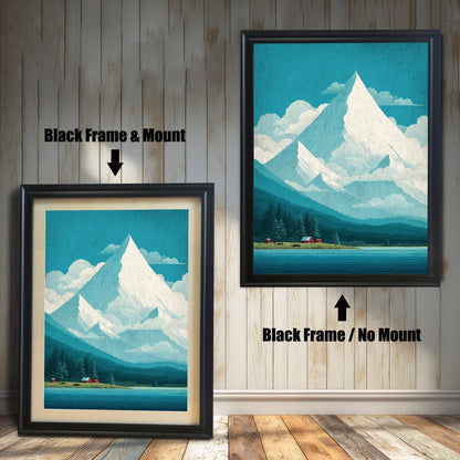 Comparison of two black wood frames: one with a professional mat mount and one without, highlighting the contrast of the teal mountain art.