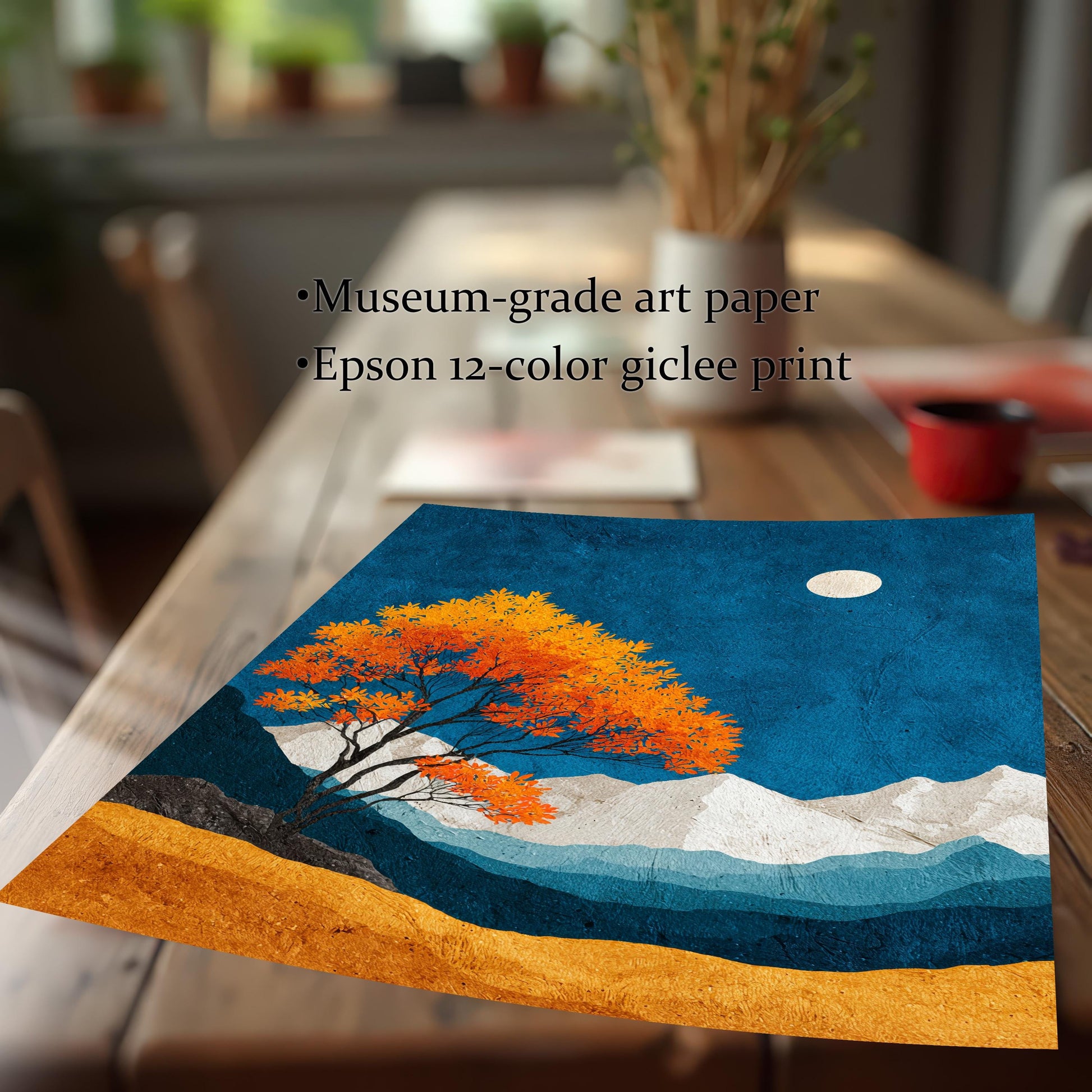 Close-up of an unframed textured art print resting on a wooden table, featuring text that highlights "Museum-grade art paper" and "Epson 12-color giclee print" quality.