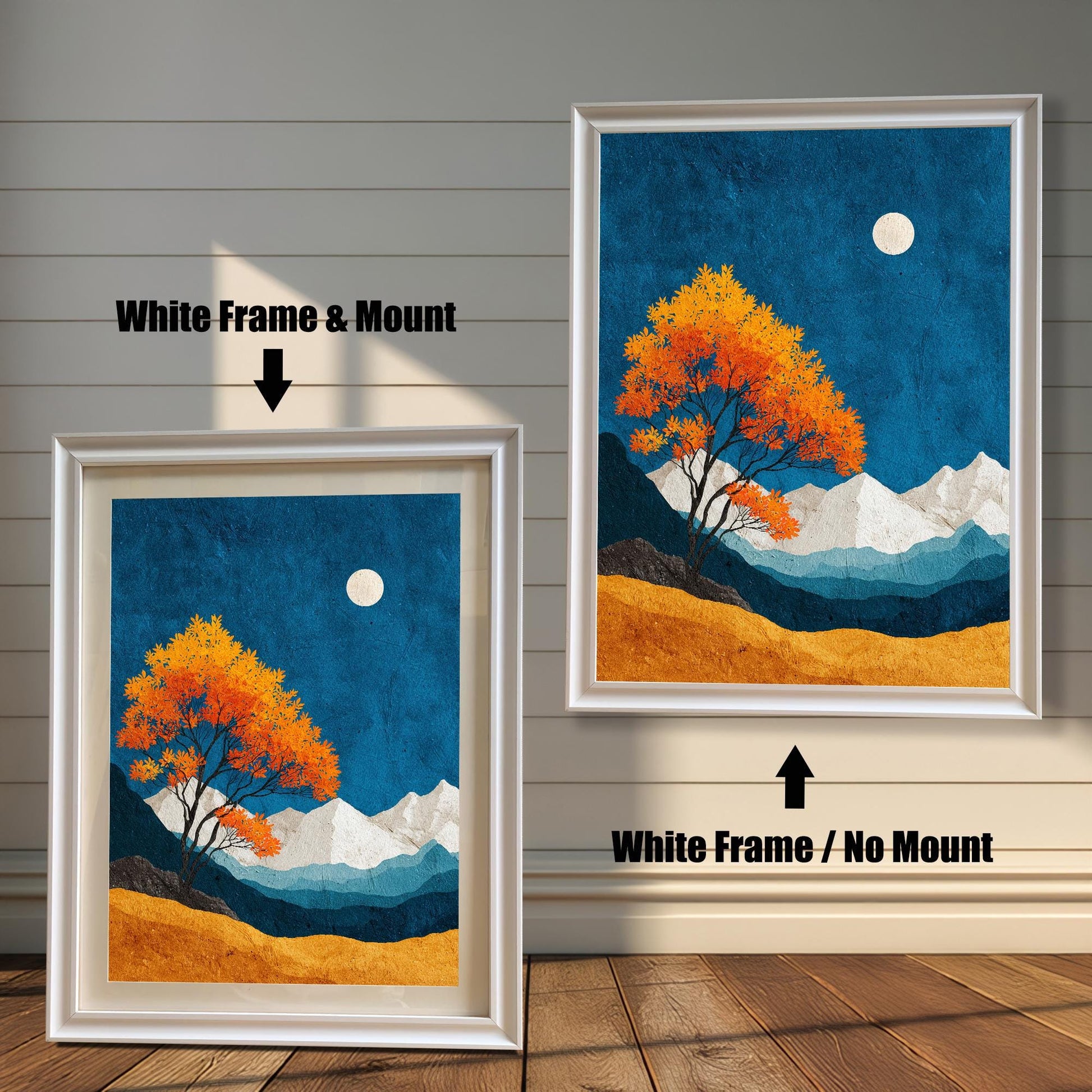 Comparison of a sleek "White" wood frame with and without a mat board mount, demonstrating a clean, minimalist aesthetic for the landscape artwork.