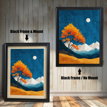 Comparison of "Black" wood frames with and without a mat board mount, showing a bold, high-contrast look for the moon and tree illustration.