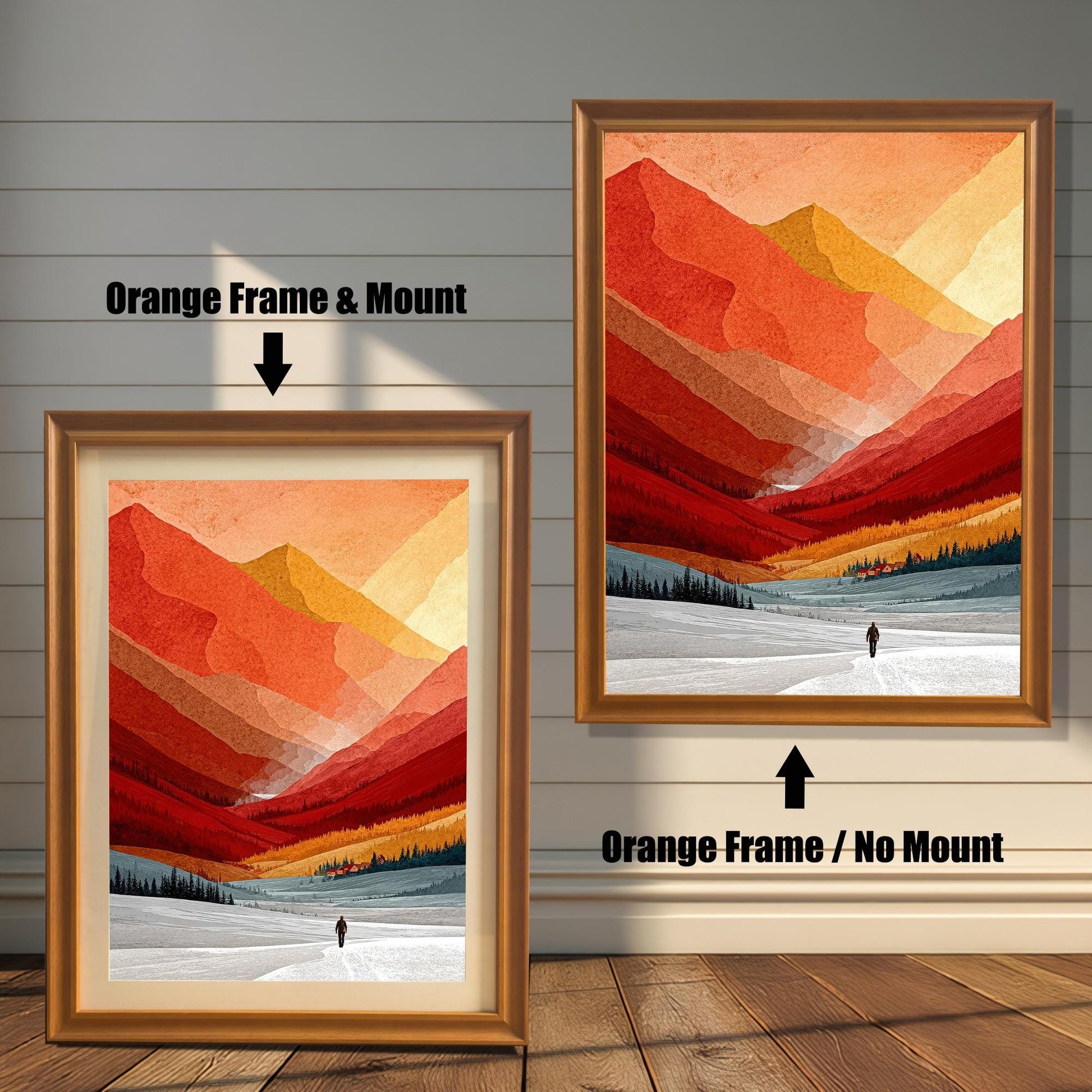 Comparison of the mountain art print in an orange-toned wood frame, showing the difference between having a mount (left) and no mount (right).