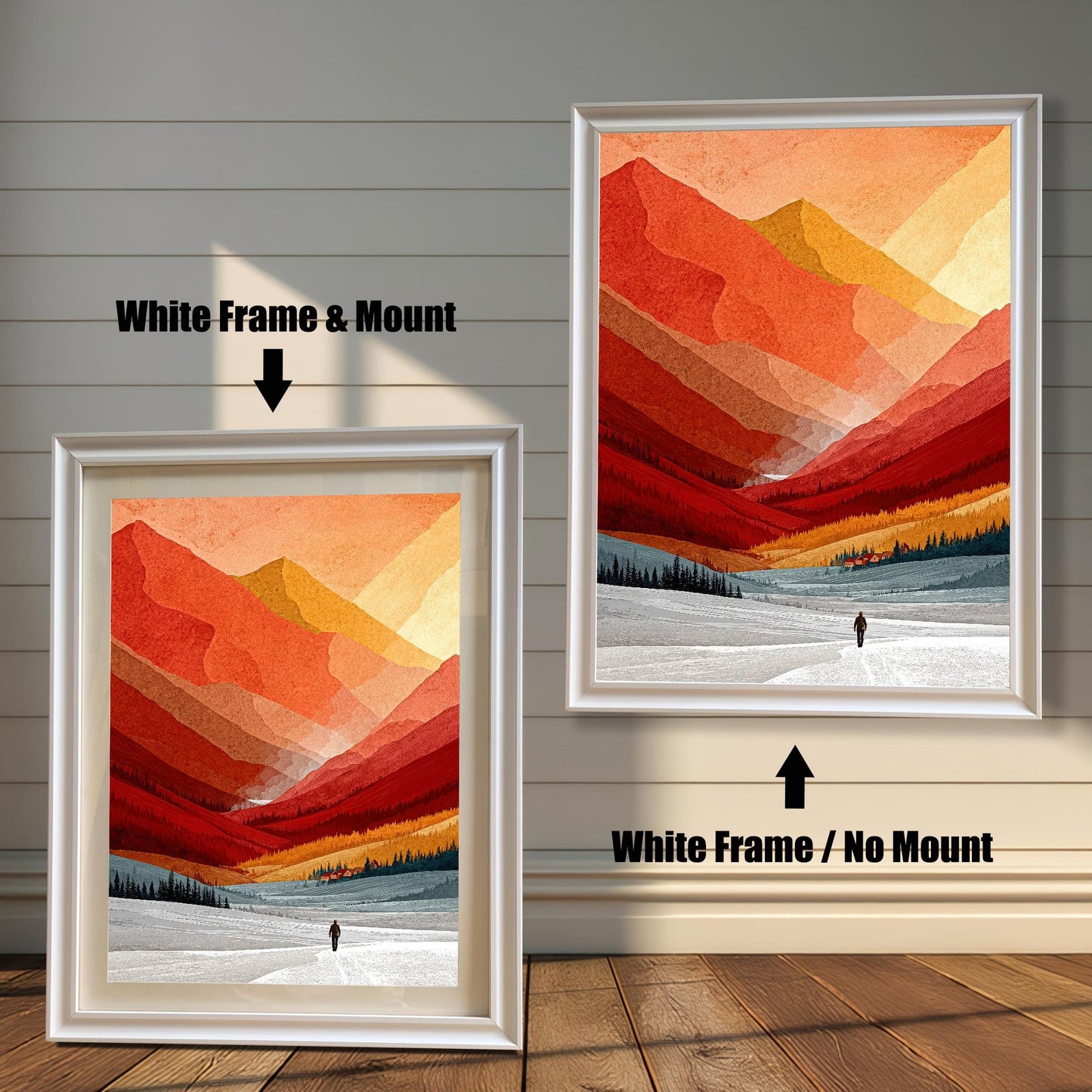 Product comparison showing the minimalist mountain art in a white wood frame, with and without a mat board mount.