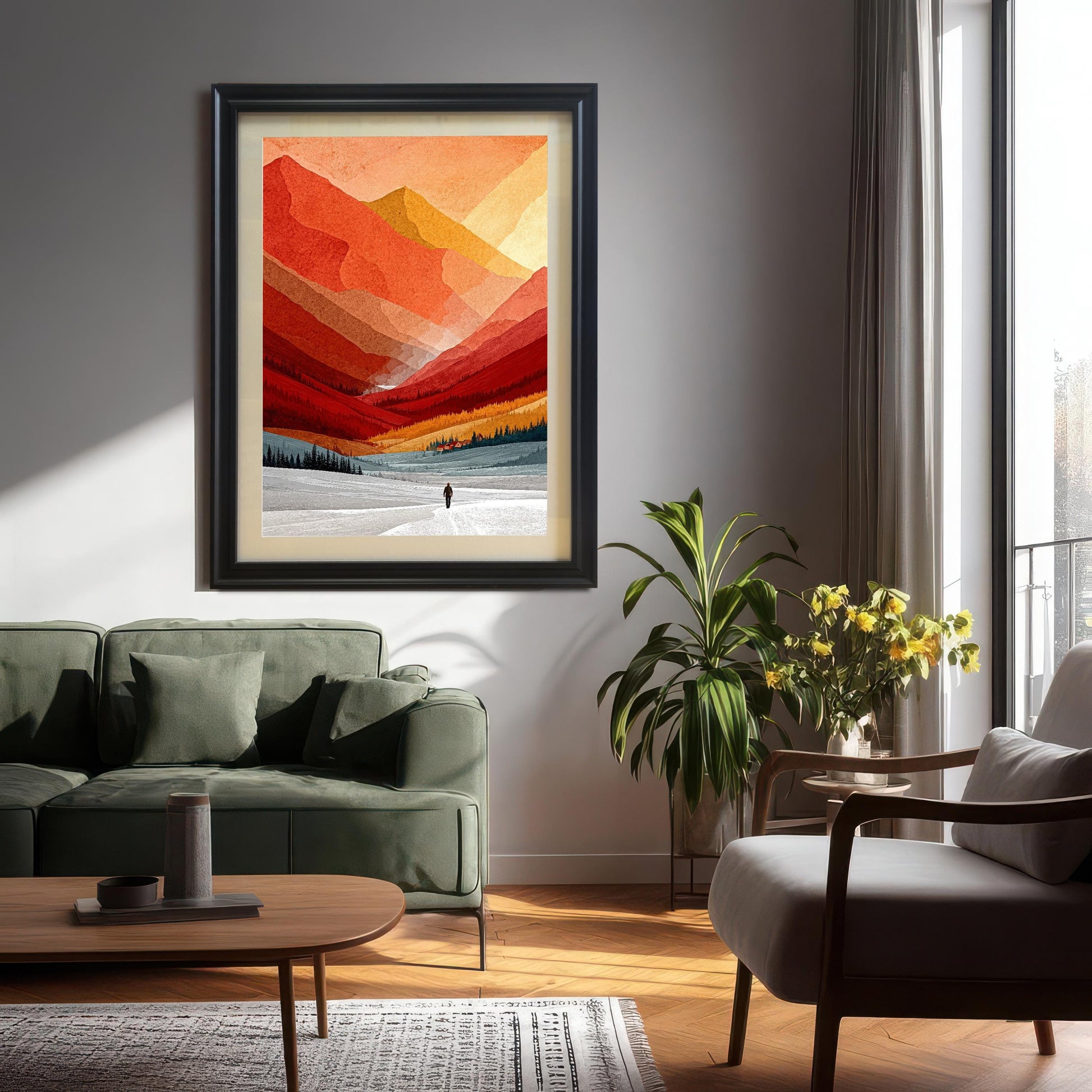 Large vertical mountain art print in a black wood frame with a cream mat, styled above a green sofa in a modern, sunlit living room.