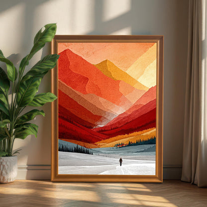 Large vertical mountain art print in an orange wood frame leaning against a wall in a sunlit room with a large leaf plant.
