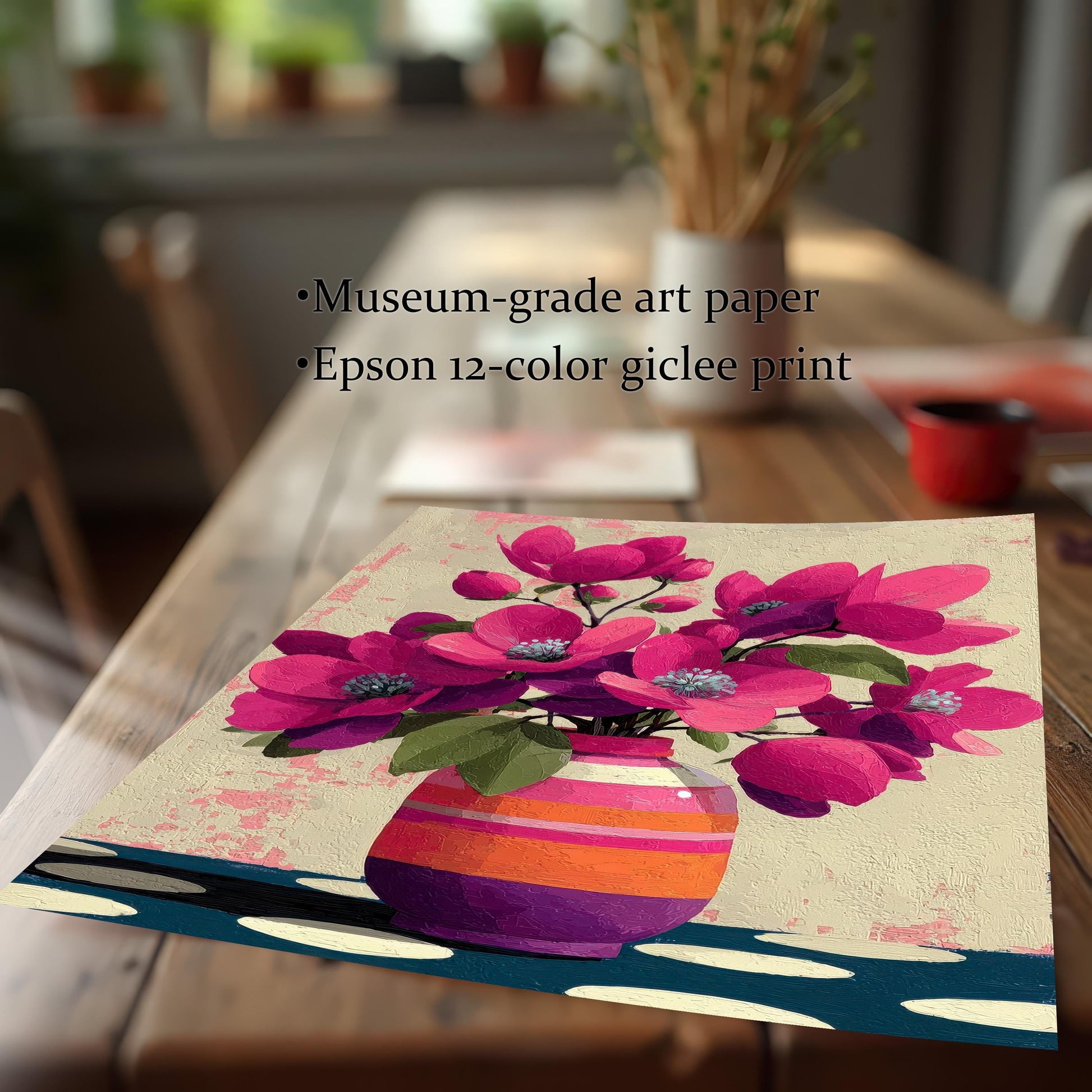 Close-up of a museum-grade Giclee art print on textured paper featuring a pink floral bouquet in a vase.