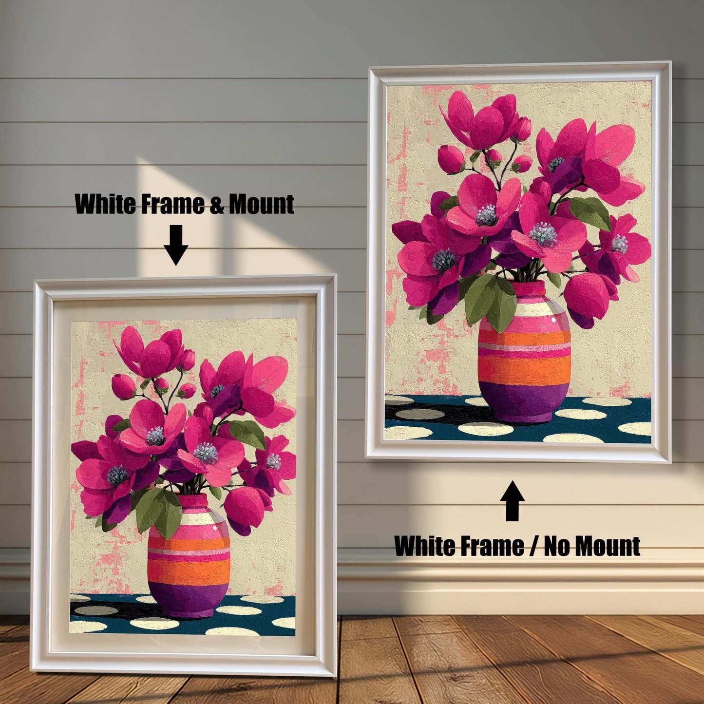 Visual comparison of a pink floral art print in a white wood frame, displayed with and without a white border mount.