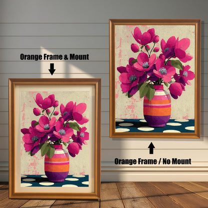 Comparison of a pink flower art print in an orange wood frame, shown both with and without a white mount.