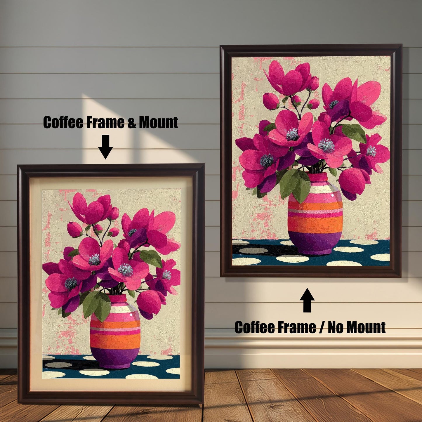 Comparison of a dark coffee-colored wood frame art print, shown both with a white mount and as a full-bleed print.