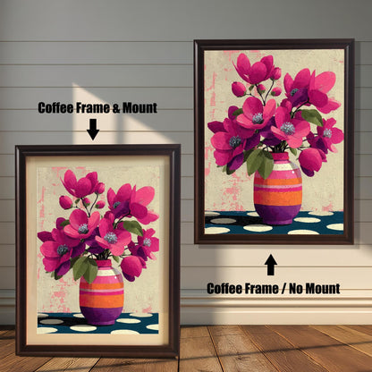 Comparison of a dark coffee-colored wood frame art print, shown both with a white mount and as a full-bleed print.