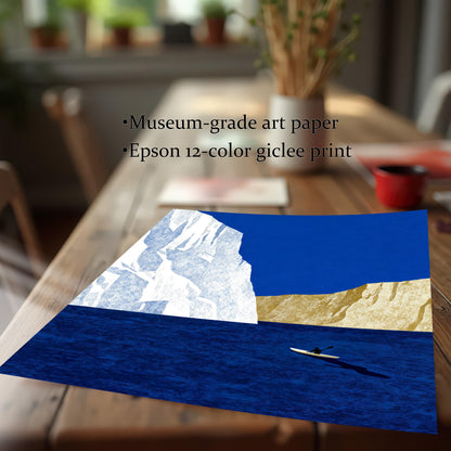 Close-up of an unframed museum-grade art paper print with text "Museum-grade art paper, Epson 12-color giclee print" on a wooden table.
