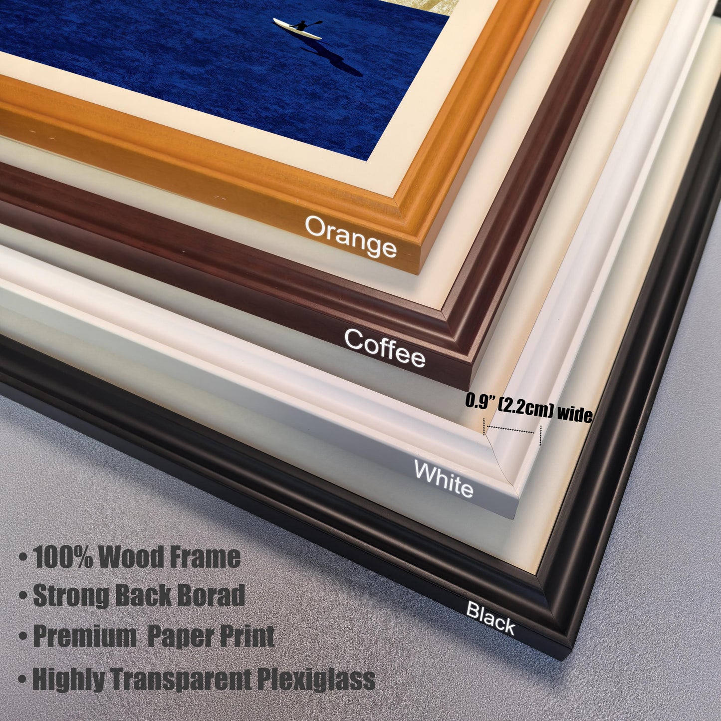 Close-up detail of four wood frame color options stacked together: Orange, Coffee, White, and Black, labeled with a 0.9 inch width measurement.