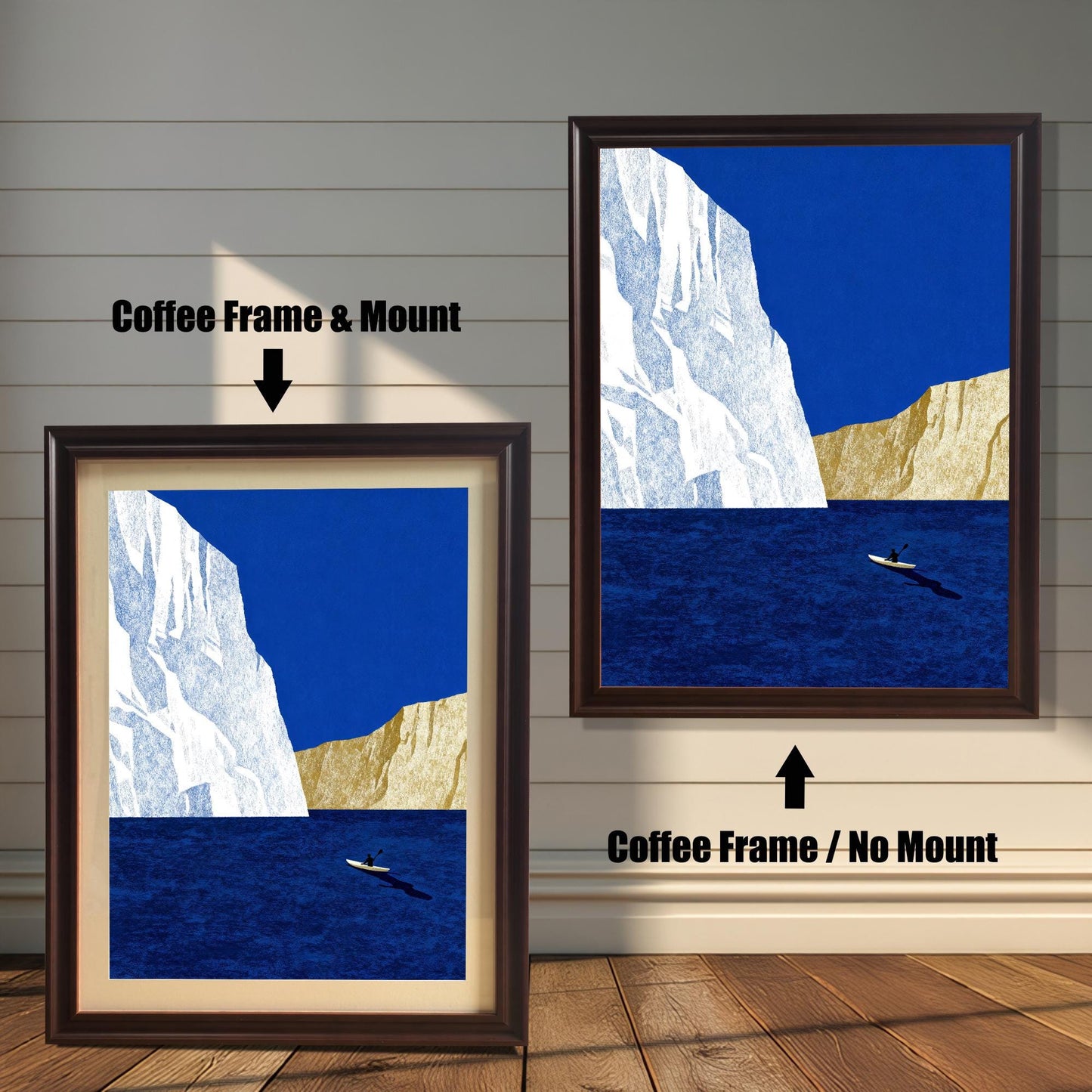 Comparison of coffee-colored wood frames, highlighting the difference between the "Coffee Frame & Mount" and "Coffee Frame / No Mount" styles.