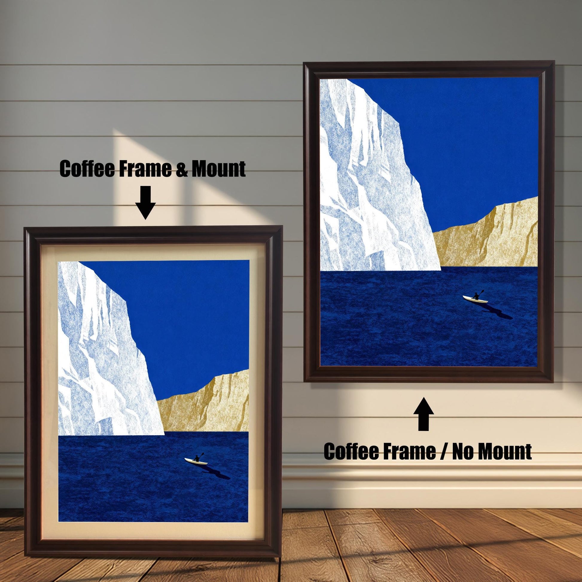 Comparison of coffee-colored wood frames, highlighting the difference between the "Coffee Frame & Mount" and "Coffee Frame / No Mount" styles.