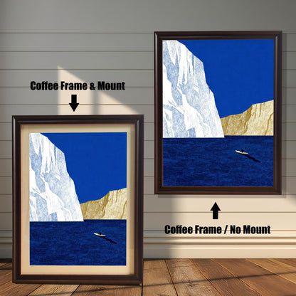 Comparison of coffee-colored wood frames, highlighting the difference between the "Coffee Frame & Mount" and "Coffee Frame / No Mount" styles.