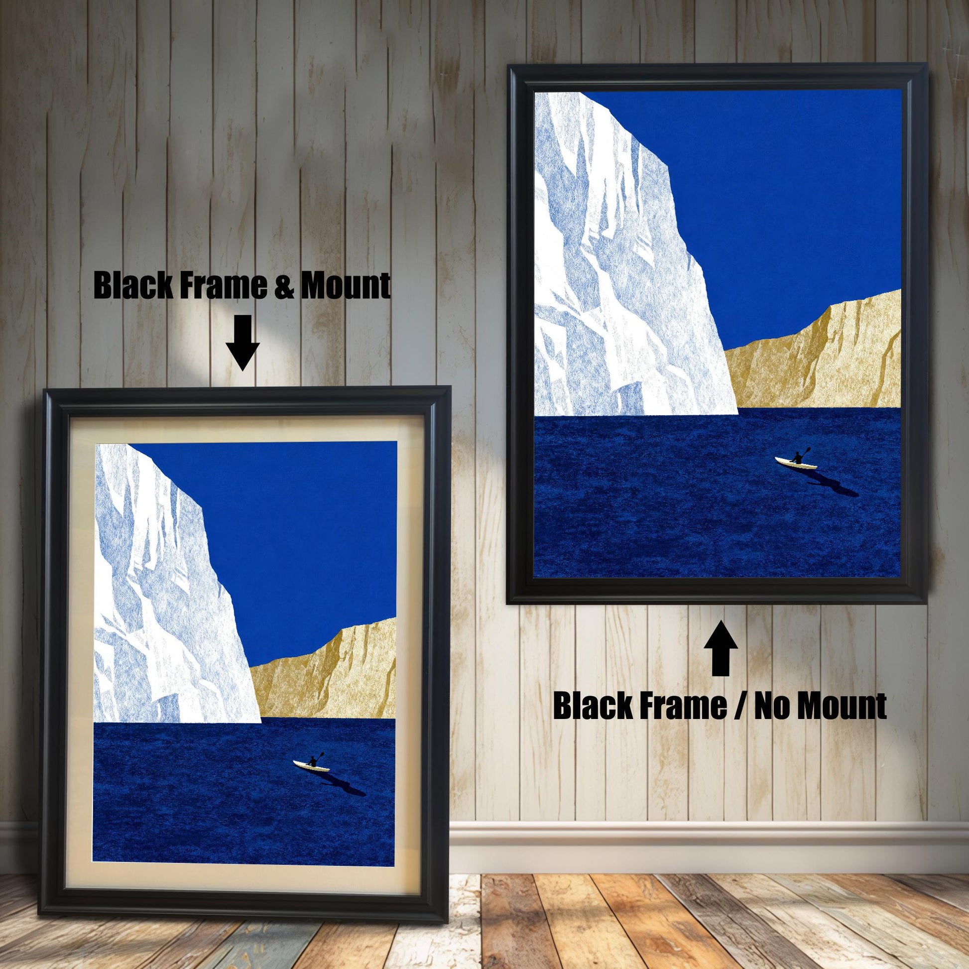 Comparison of a black wood frame with a mount and a black wood frame without a mount, displayed against a light wood-paneled wall.