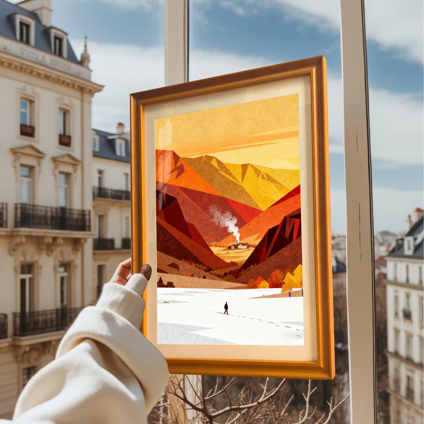 Hand holding a framed minimalist mountain art print against a window with a blurred view of classic European architecture in the background.