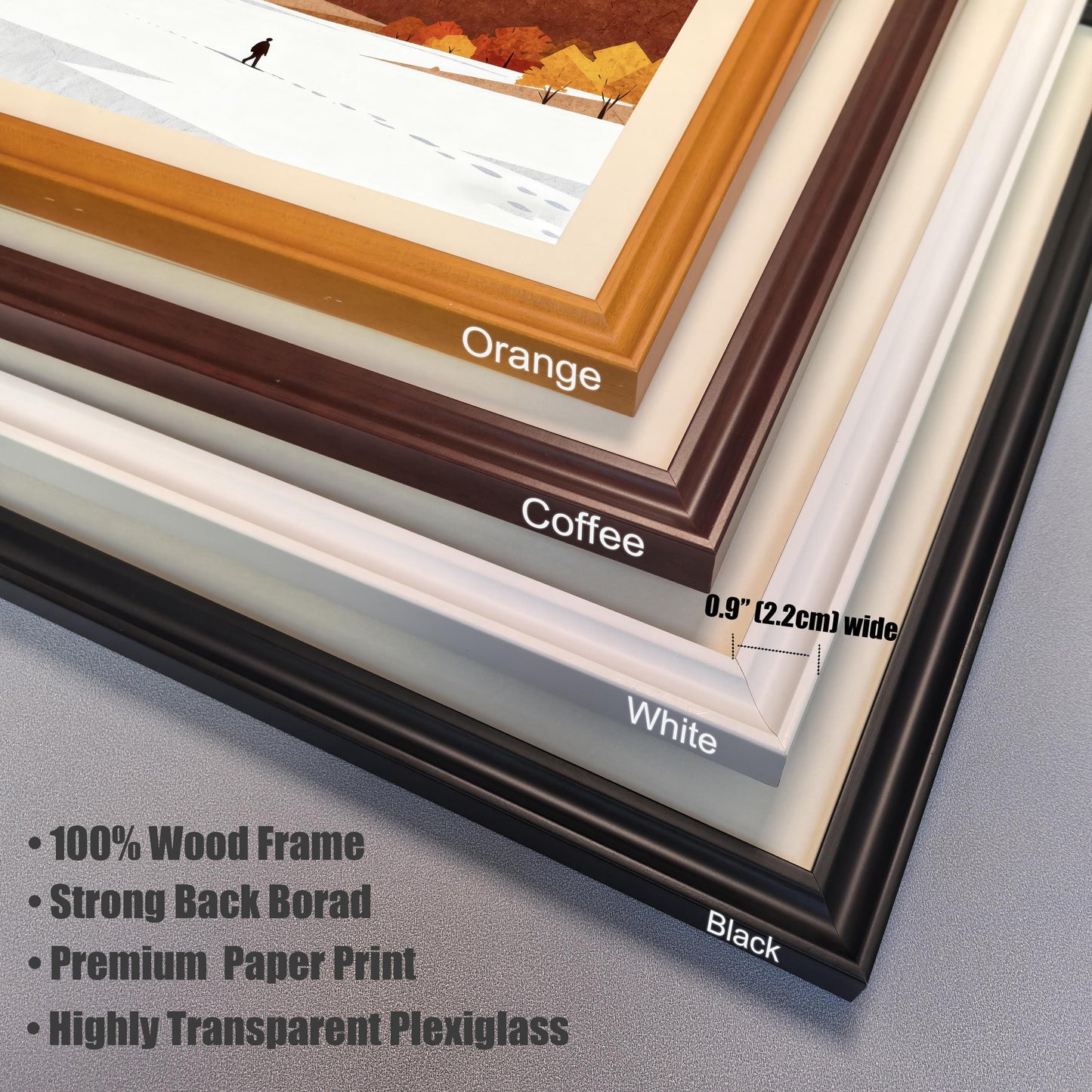 Close-up detail of four wooden frame color options: Orange, Coffee, White, and Black, highlighting the 0.9-inch frame width and plexiglass quality.