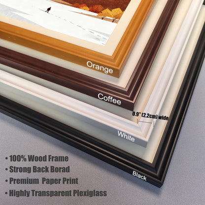 Close-up detail of four wooden frame color options: Orange, Coffee, White, and Black, highlighting the 0.9-inch frame width and plexiglass quality.