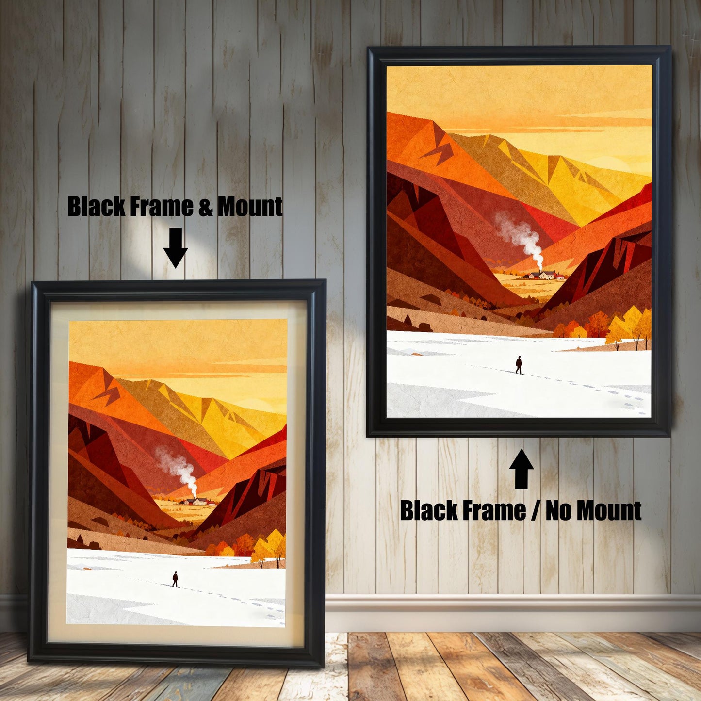 Comparison of a minimalist landscape art print in a black wood frame, shown with a cream-colored mat mount and without a mount against a wood-paneled wall.