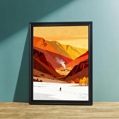 Minimalist mountain landscape art in a sleek black wood frame, leaning against a teal-colored wall on a textured wooden surface.