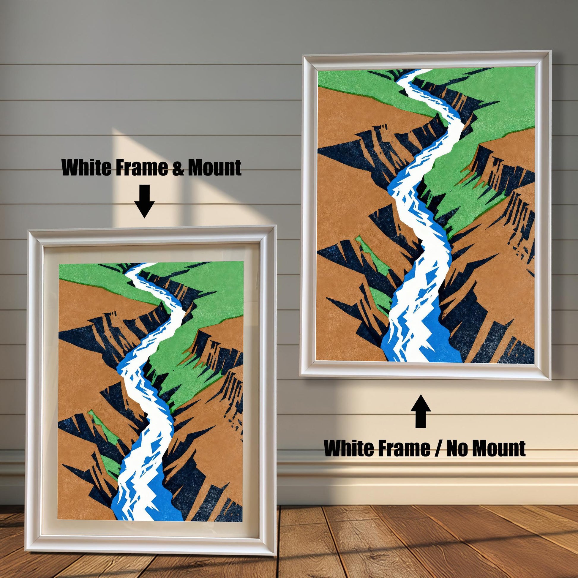 Comparison view of the "White Frame" option, side-by-side showing the look of the landscape print with a mount versus without a mount.