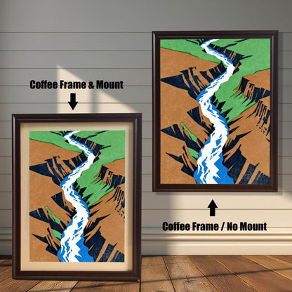 Comparison view of the "Coffee Frame" (dark wood) option, illustrating the visual difference between having an off-white mount and a full-bleed print.