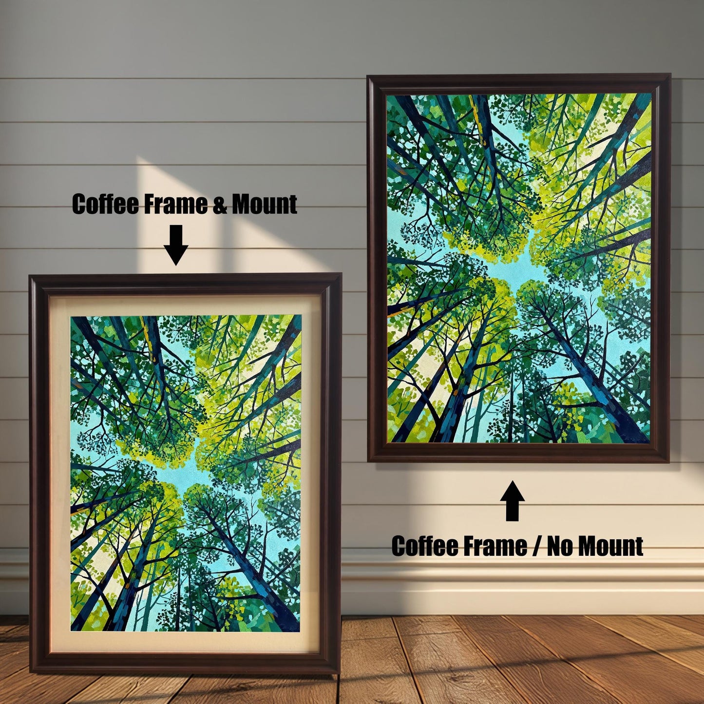 Comparison of a forest canopy art print in a Coffee wood frame, shown both with a cream-colored mount (matted) and without a mount.