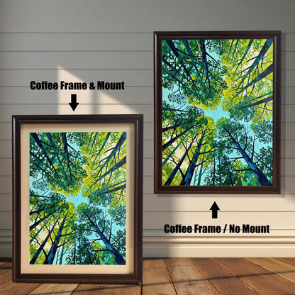 Comparison of a forest canopy art print in a Coffee wood frame, shown both with a cream-colored mount (matted) and without a mount.