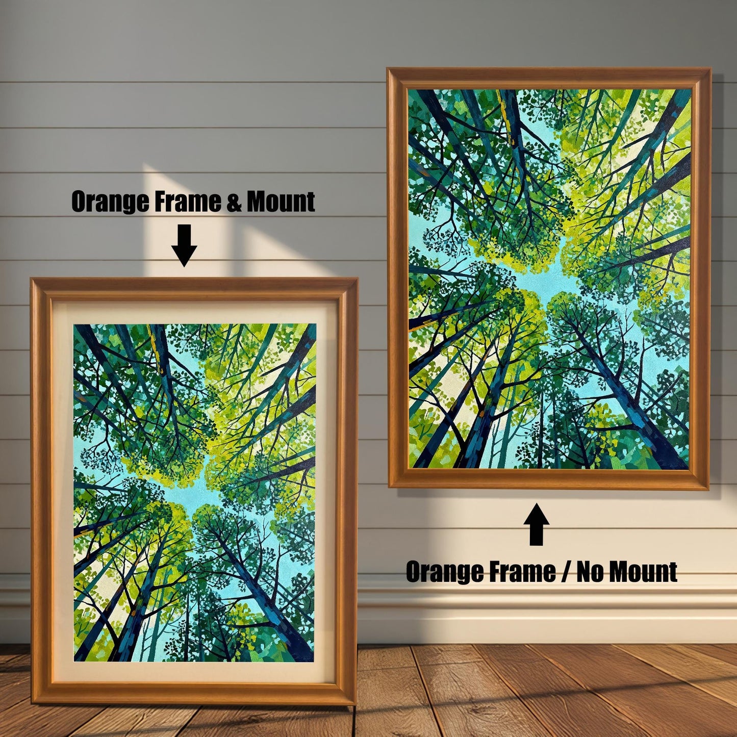 Comparison of a green tree painting in an Orange-toned wood frame, shown with a cream-colored decorative mount and as a full-bleed print without a mount.