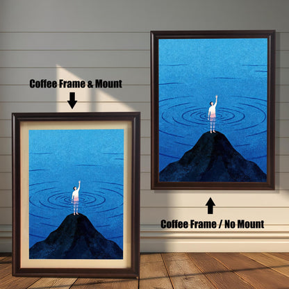 Comparison of two dark coffee-colored wood frames. The left frame shows the blue minimalist art with an off-white mat board (mount), and the right frame shows the art full-bleed with no mount.