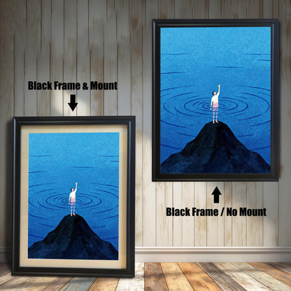 Comparison of two sleek black wood frames. The left frame features the minimalist blue art with an off-white mat (mount), while the right frame shows the artwork without a mount against a rustic wood-planked wall.