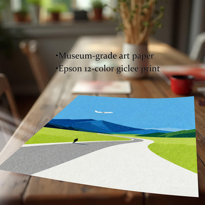 Close-up of a high-quality giclee art print on museum-grade textured paper, showing the vibrant colors and detail of the mountain and road illustration.