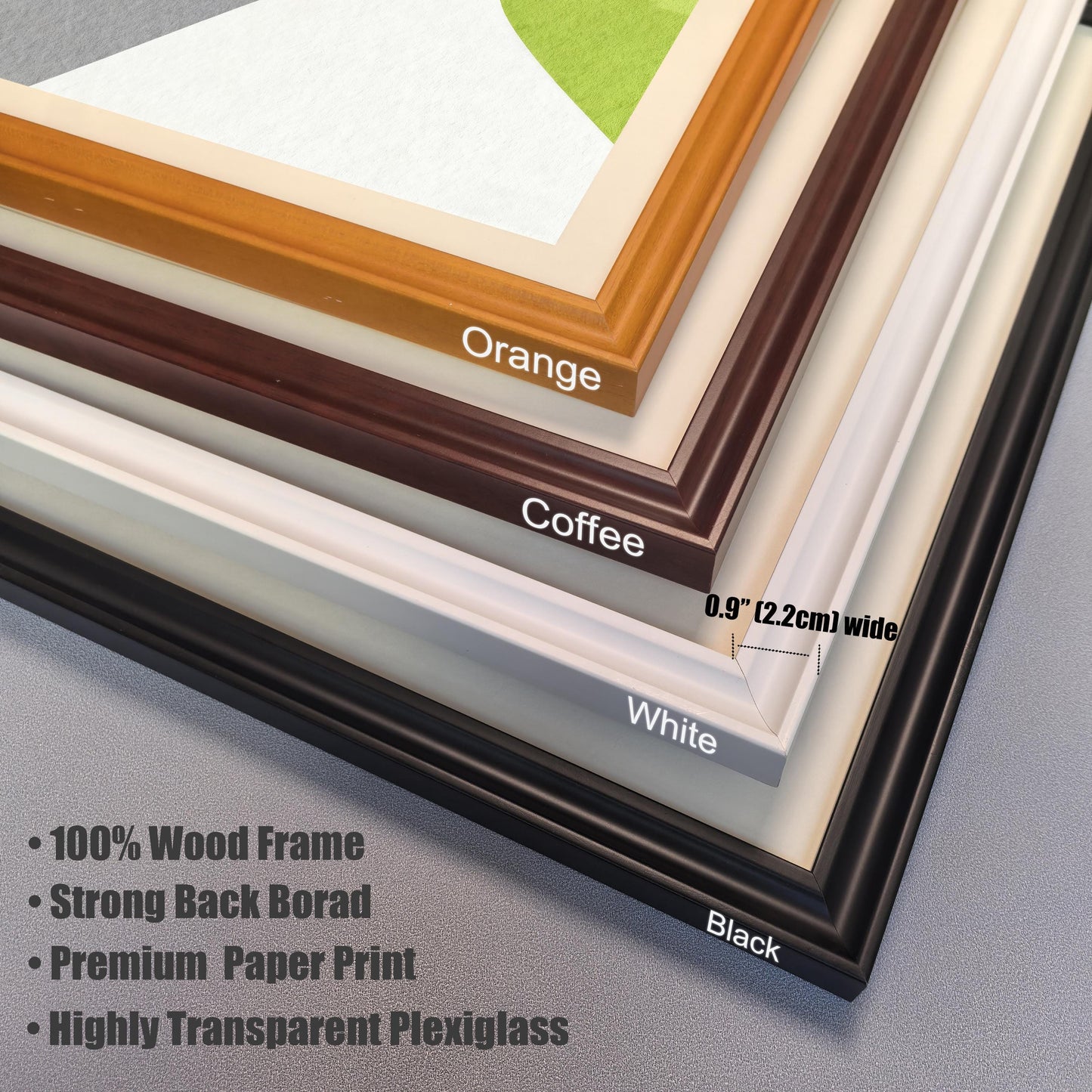 Close-up detail of the four available wood frame colors: Orange, Coffee, White, and Black. The image highlights the 0.9-inch frame width and high-quality wood grain texture.