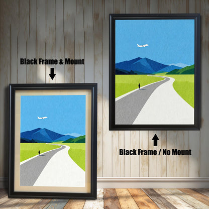 Minimalist blue and green landscape art shown in sleek black wooden frames; one version includes a mat mount for a gallery look, and the other is a standard frame-only print.