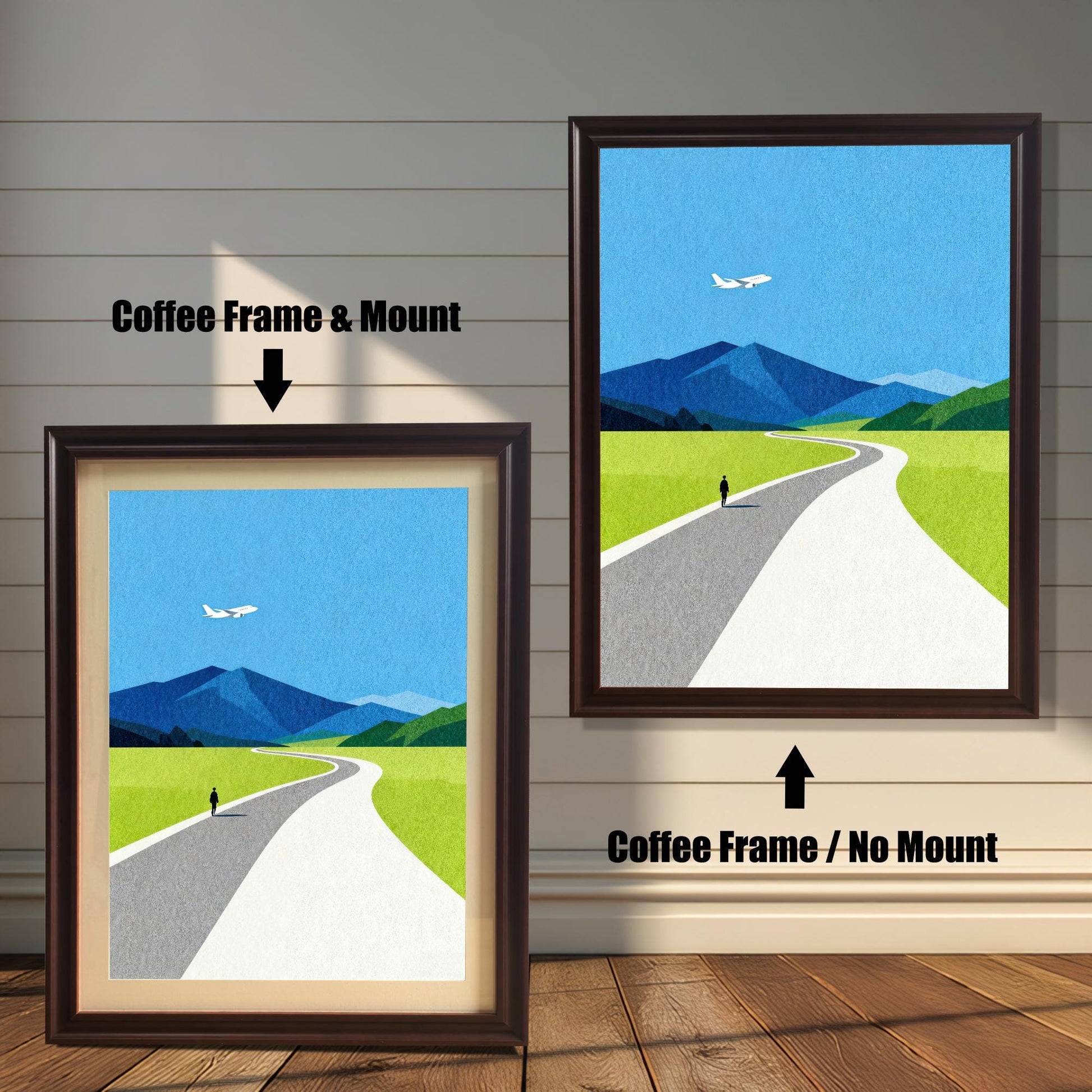 Comparison of a modern mountain and road art print in dark coffee-colored wood frames, shown both with a decorative mat mount and without a mount to show different framing styles.