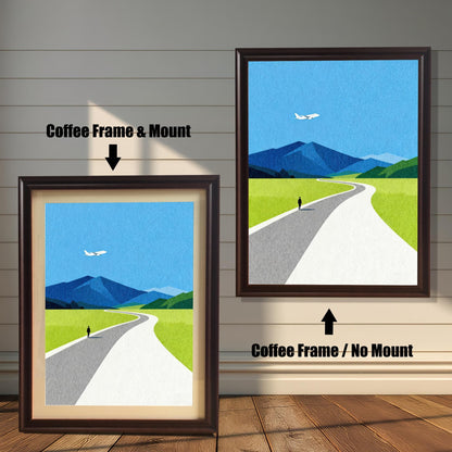 Comparison of a modern mountain and road art print in dark coffee-colored wood frames, shown both with a decorative mat mount and without a mount to show different framing styles.