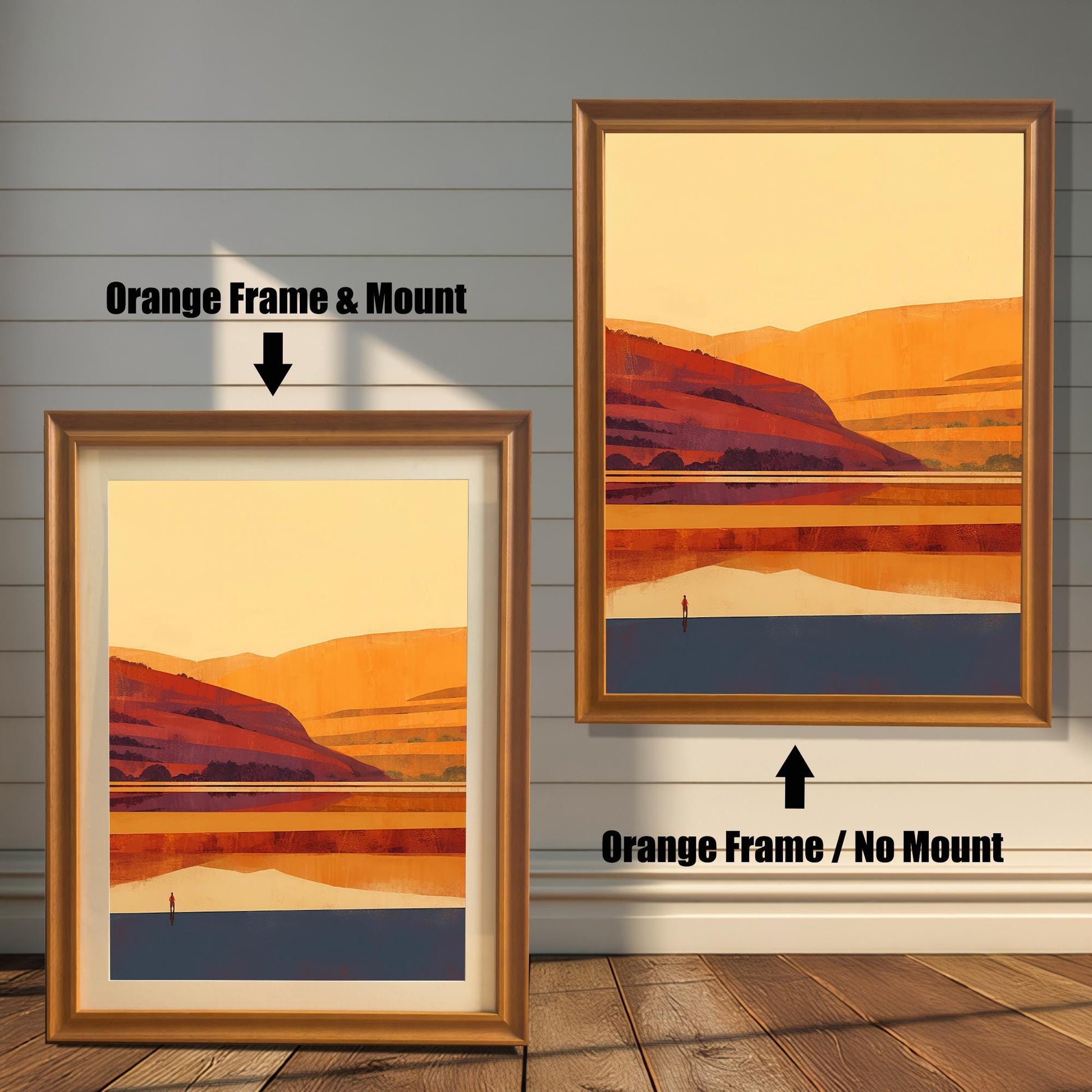 Two Orange wood frames shown side-by-side: one with a white decorative mount and one without, highlighting the warm wood grain and landscape art.