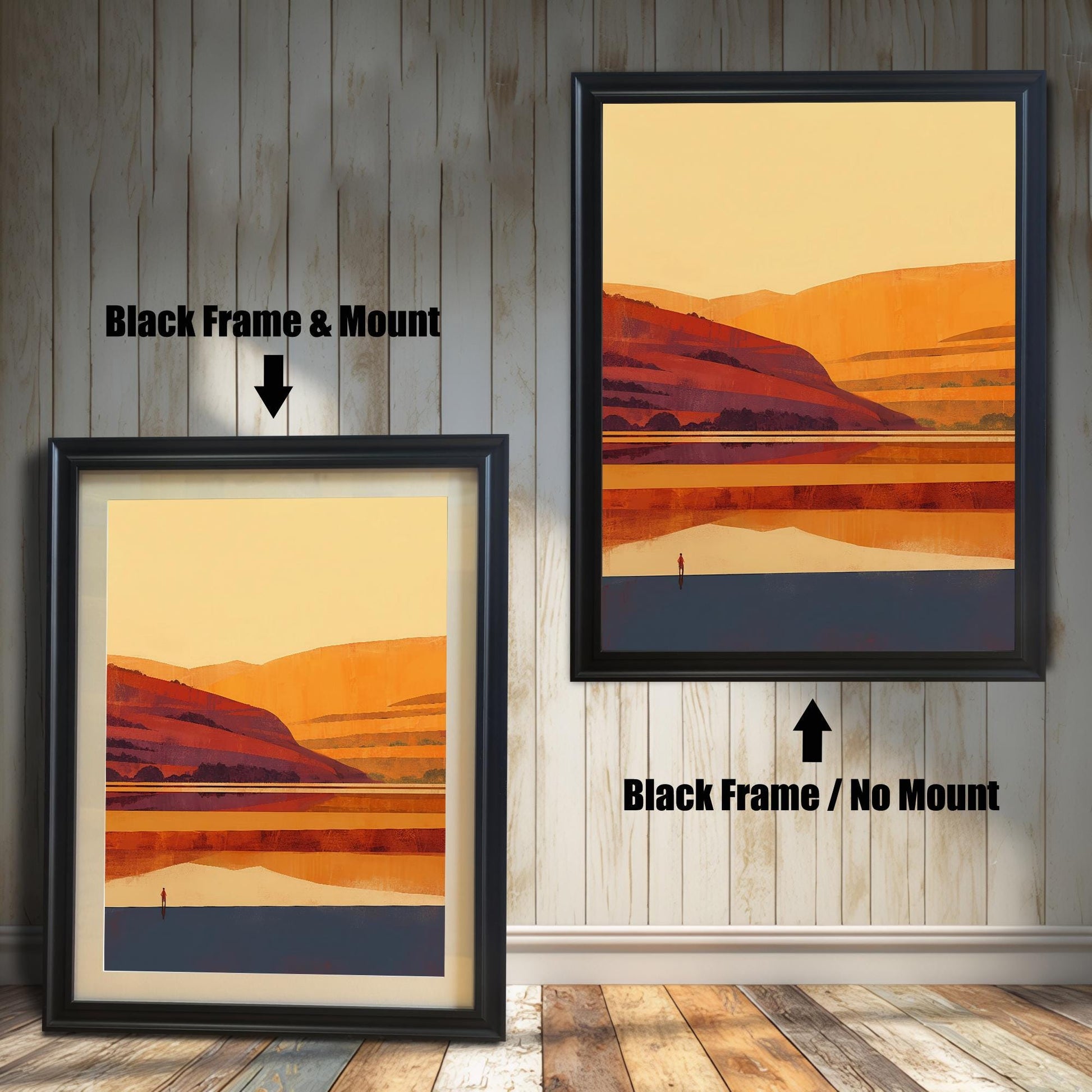 Two Black wood frames displayed on a rustic wood-plank wall, contrasting the look of the landscape print with and without a white mount.