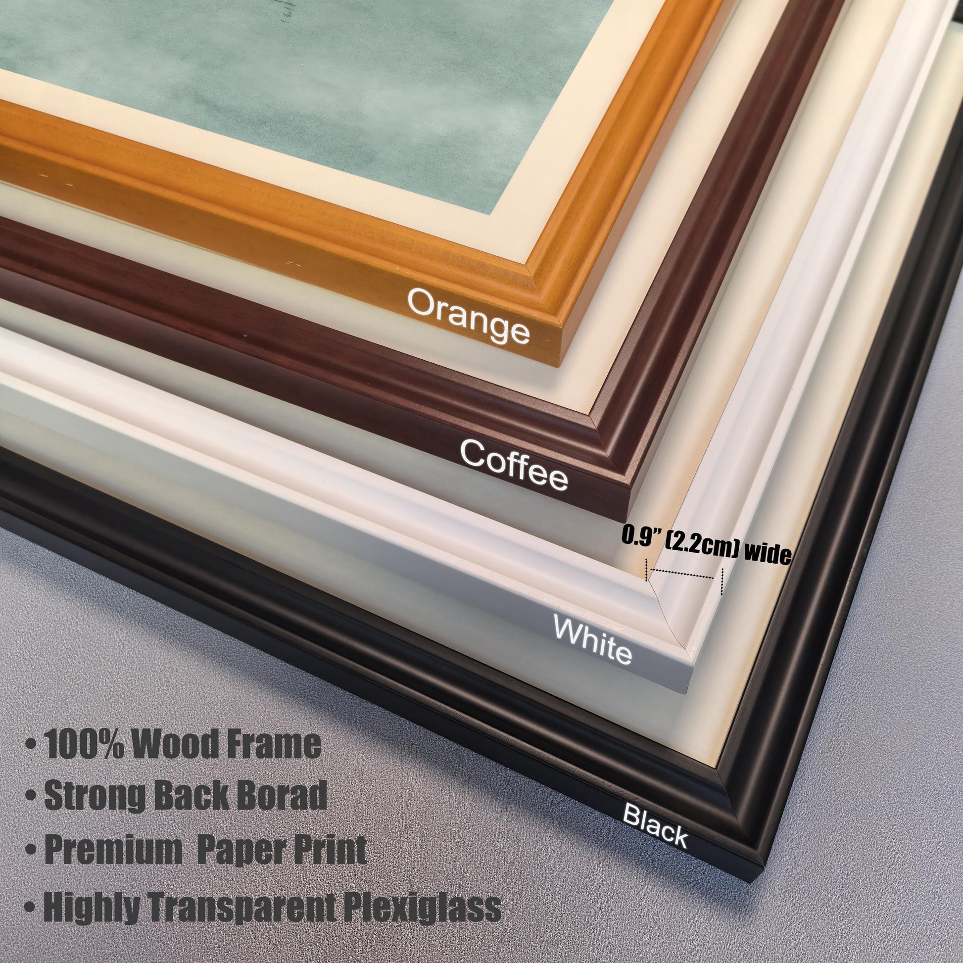 Close-up detail of frame corner options in Orange, Coffee, White, and Black, highlighting the 0.9-inch wood width and plexiglass.