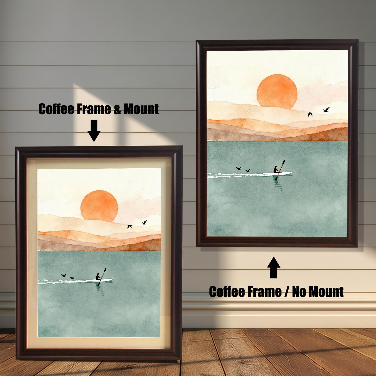 Comparison of coffee-colored wood frame options for sunset lake art, showing one with a mat board (mount) and one without.