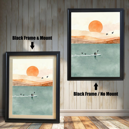 Comparison of black wood frame styles: one with a protective mount and one without, featuring a minimalist sunset rowing print.