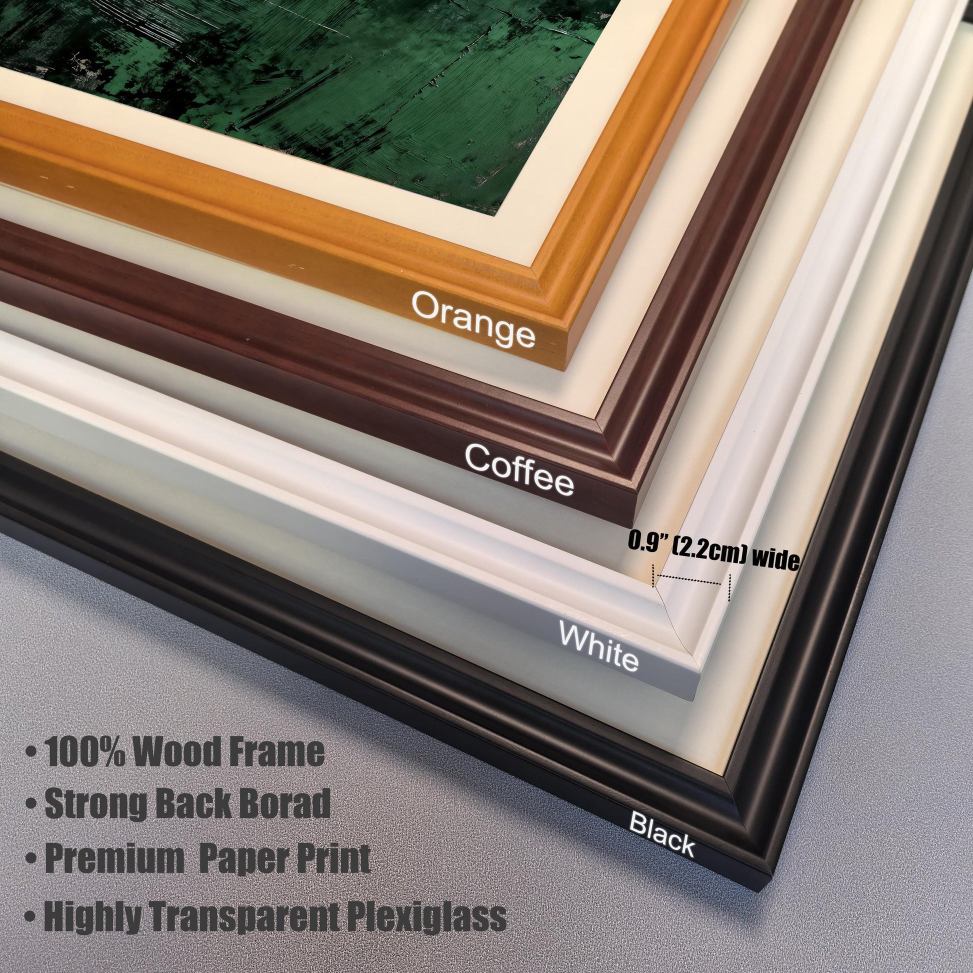 Close-up shot of four wooden frame corner samples in Orange, Coffee, White, and Black, showing the 0.9-inch (2.2cm) width and plexiglass detail.