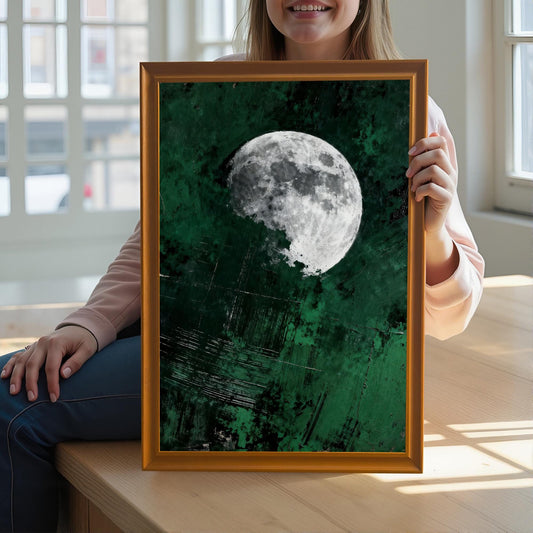 A person holding a large orange-framed moon art print to demonstrate the scale and high-quality finish of the wooden frame and giclee print.