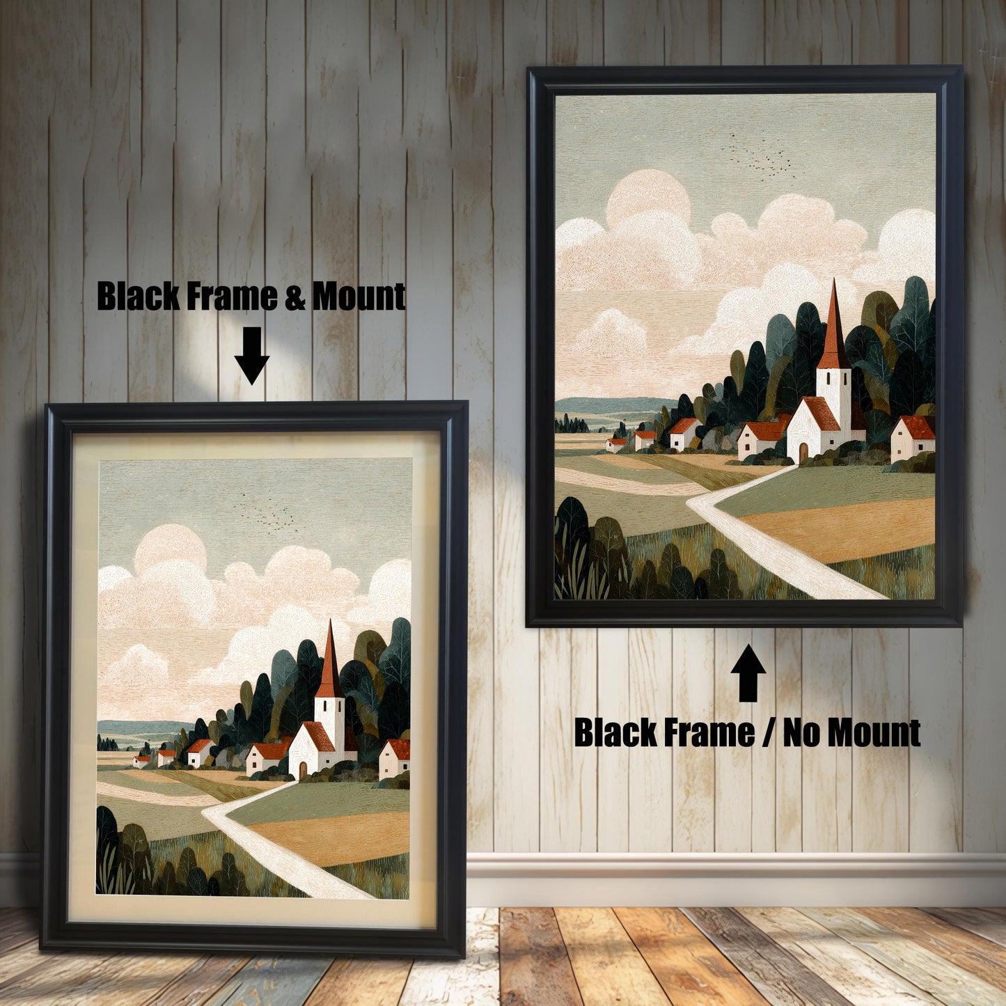 Product comparison showing the art piece in a ""Black Frame & Mount"" versus a ""Black Frame / No Mount"" against a rustic wooden wall background.