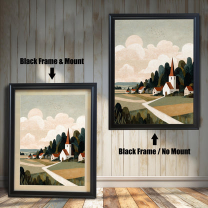 Product comparison showing the art piece in a ""Black Frame & Mount"" versus a ""Black Frame / No Mount"" against a rustic wooden wall background.