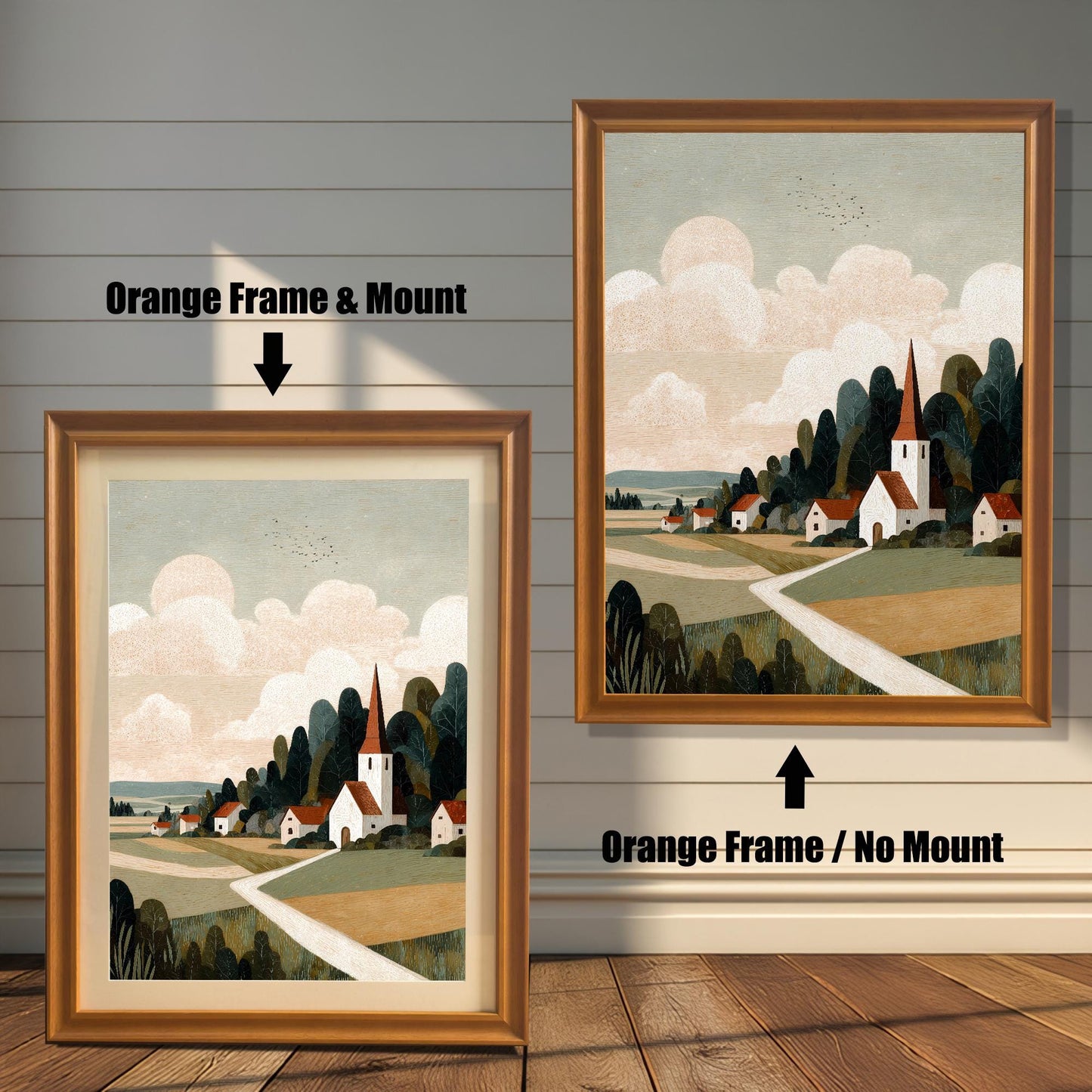 Product comparison showing the artwork in an ""Orange Frame & Mount"" versus an ""Orange Frame / No Mount"" with warm shadows.