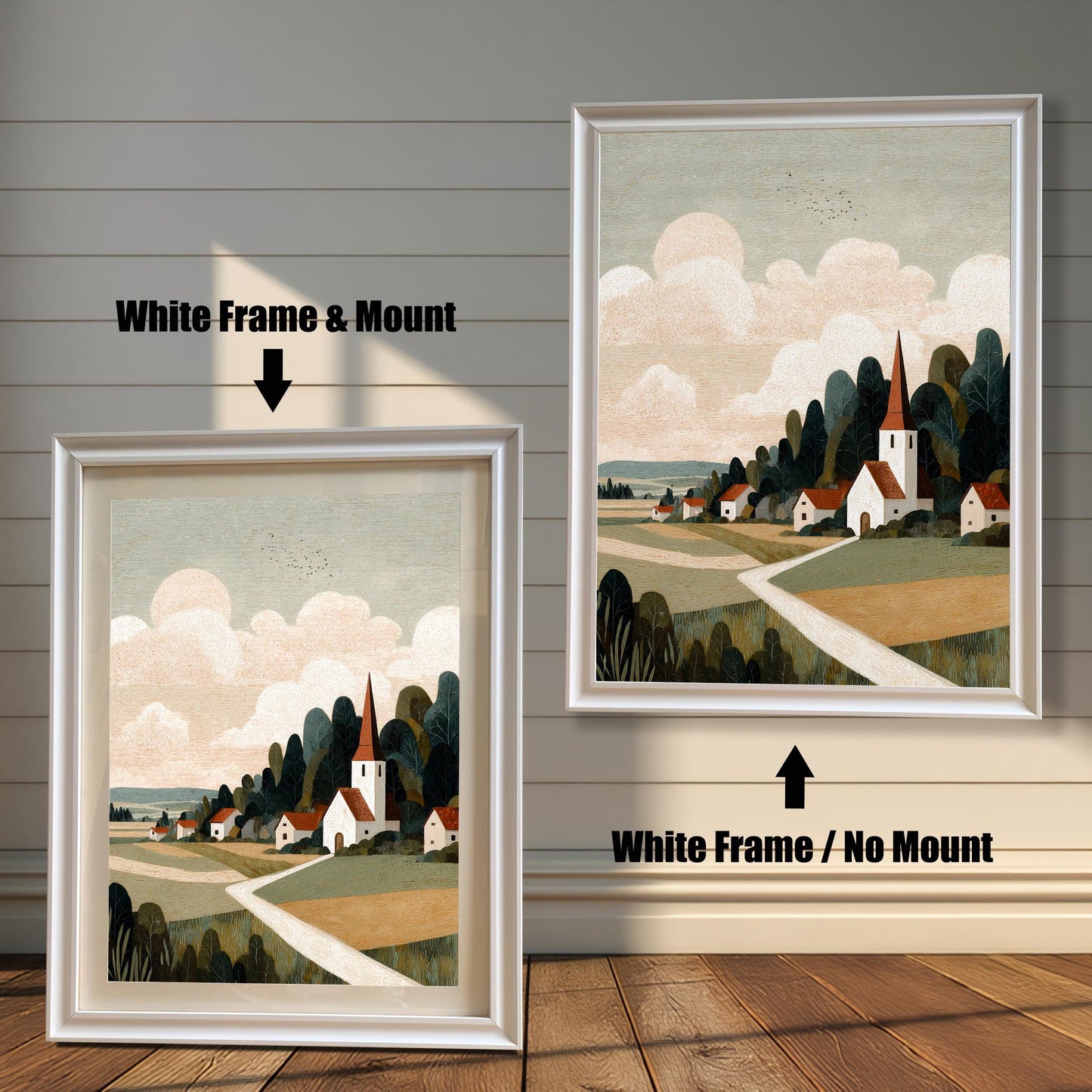 Product comparison showing the landscape art in a ""White Frame & Mount"" versus a ""White Frame / No Mount"" on a white paneled wall.